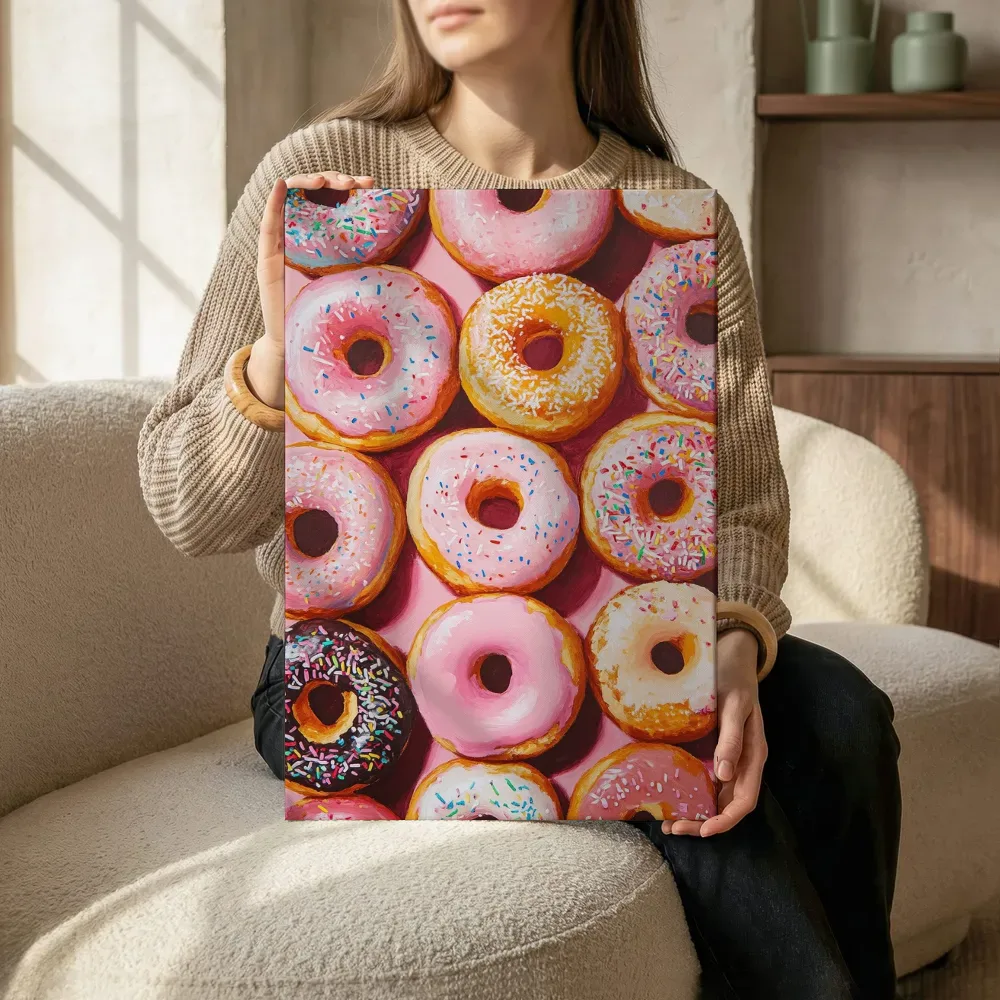 Sfeerimpressie: Donuts met kleurrijke sprinkles terwijl het zittend wordt getoond