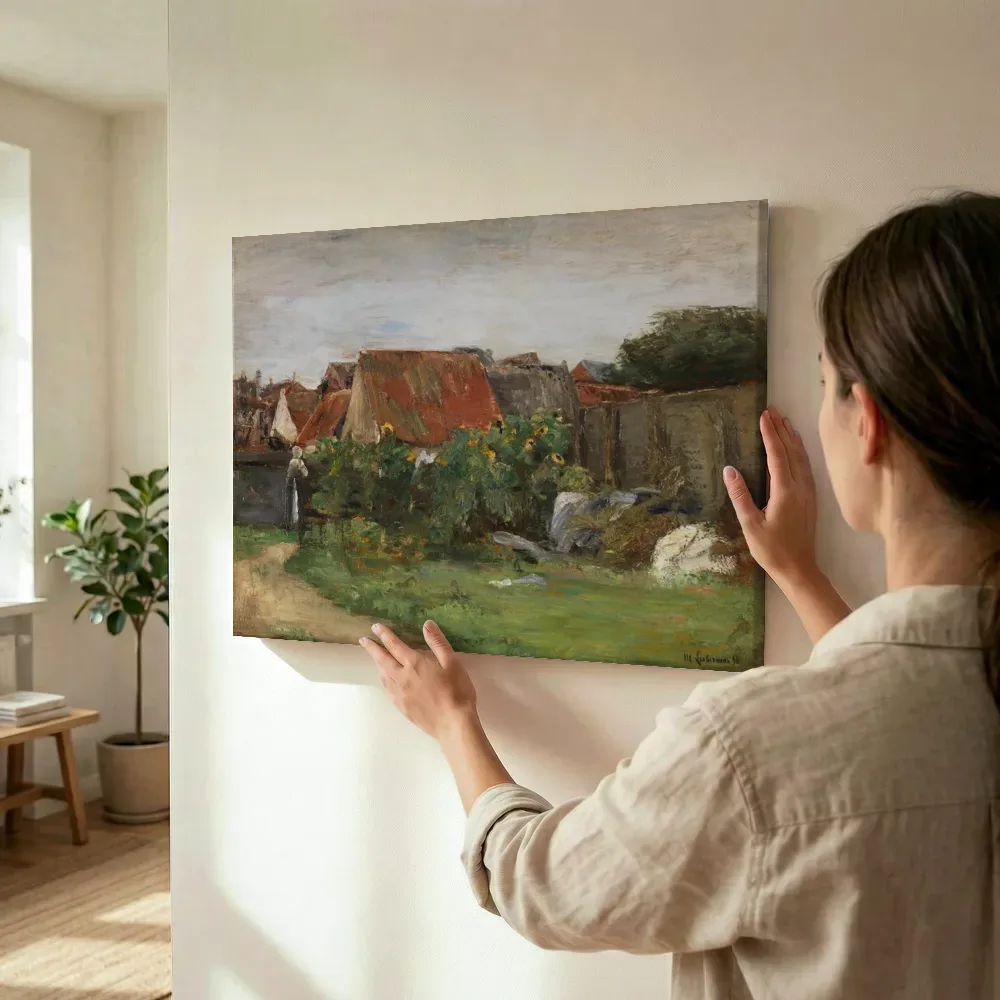 Sfeerimpressie: Dorpshuizen met zonnebloemen van Max Liebermann terwijl het wordt opgehangen