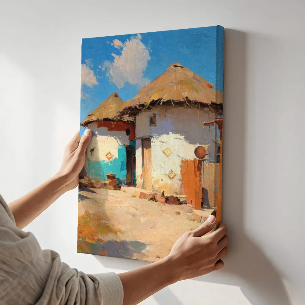Sfeerimpressie: Dorpshutten onder blauwe hemel terwijl het aan de muur wordt gehangen