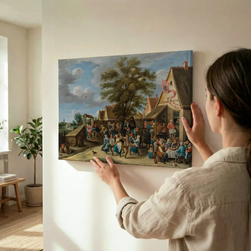 Sfeerimpressie: Dorpskermis met dansende boeren van Abraham Teniers terwijl het wordt opgehangen