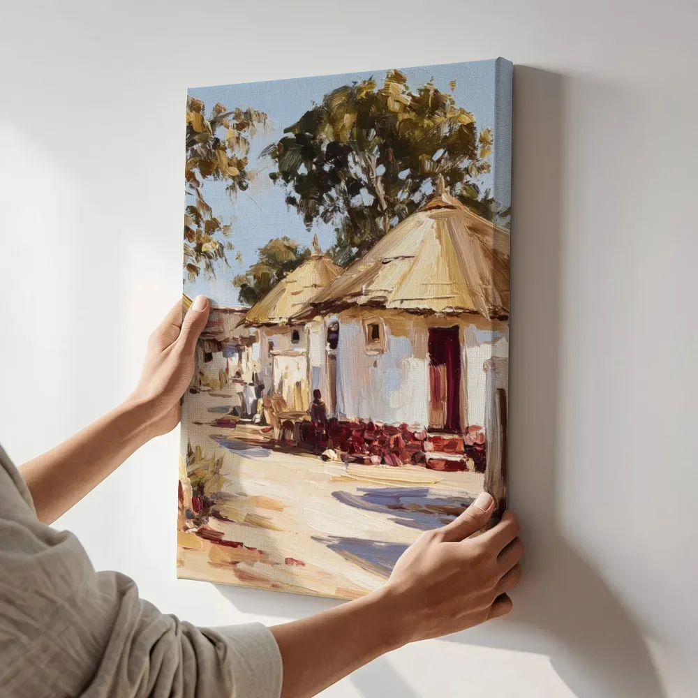 Sfeerimpressie: Dorpsstraat met rieten daken terwijl het aan de muur wordt gehangen