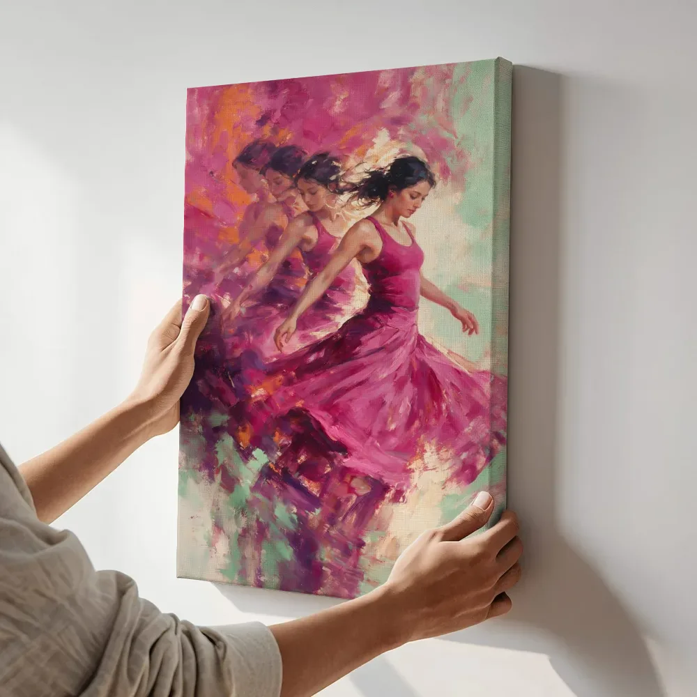 Sfeerimpressie: Draaiende danseres in magenta terwijl het aan de muur wordt gehangen