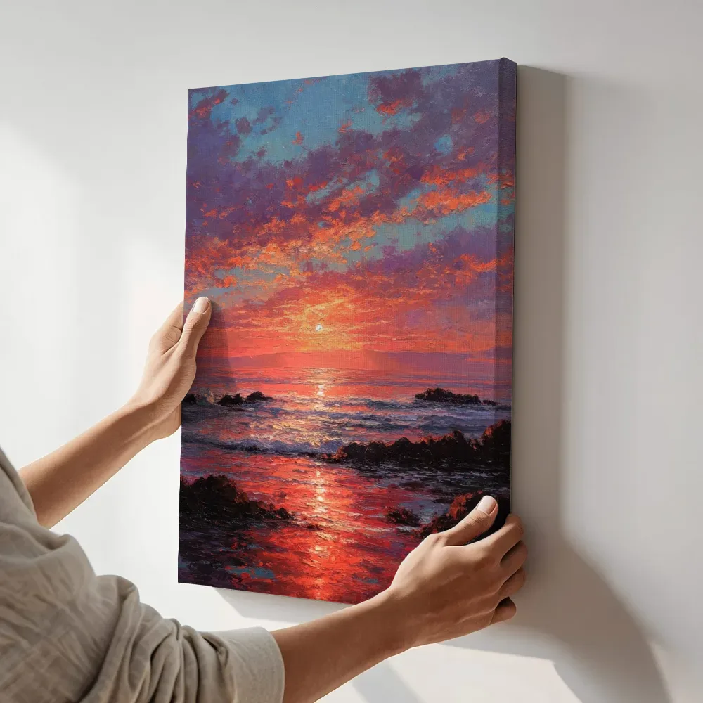 Sfeerimpressie: Dramatische zonsondergang boven zee terwijl het aan de muur wordt gehangen