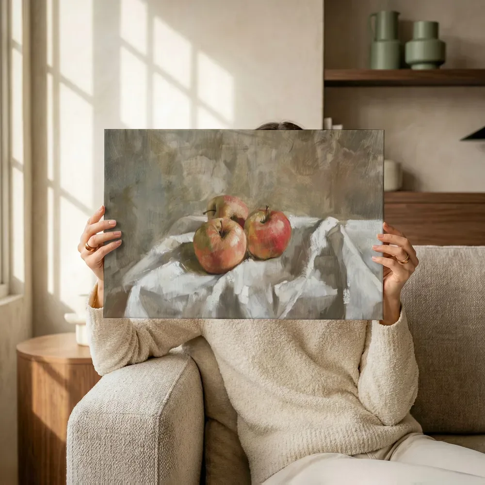 Sfeerimpressie: Drie appels op linnen terwijl het wordt opgehangen