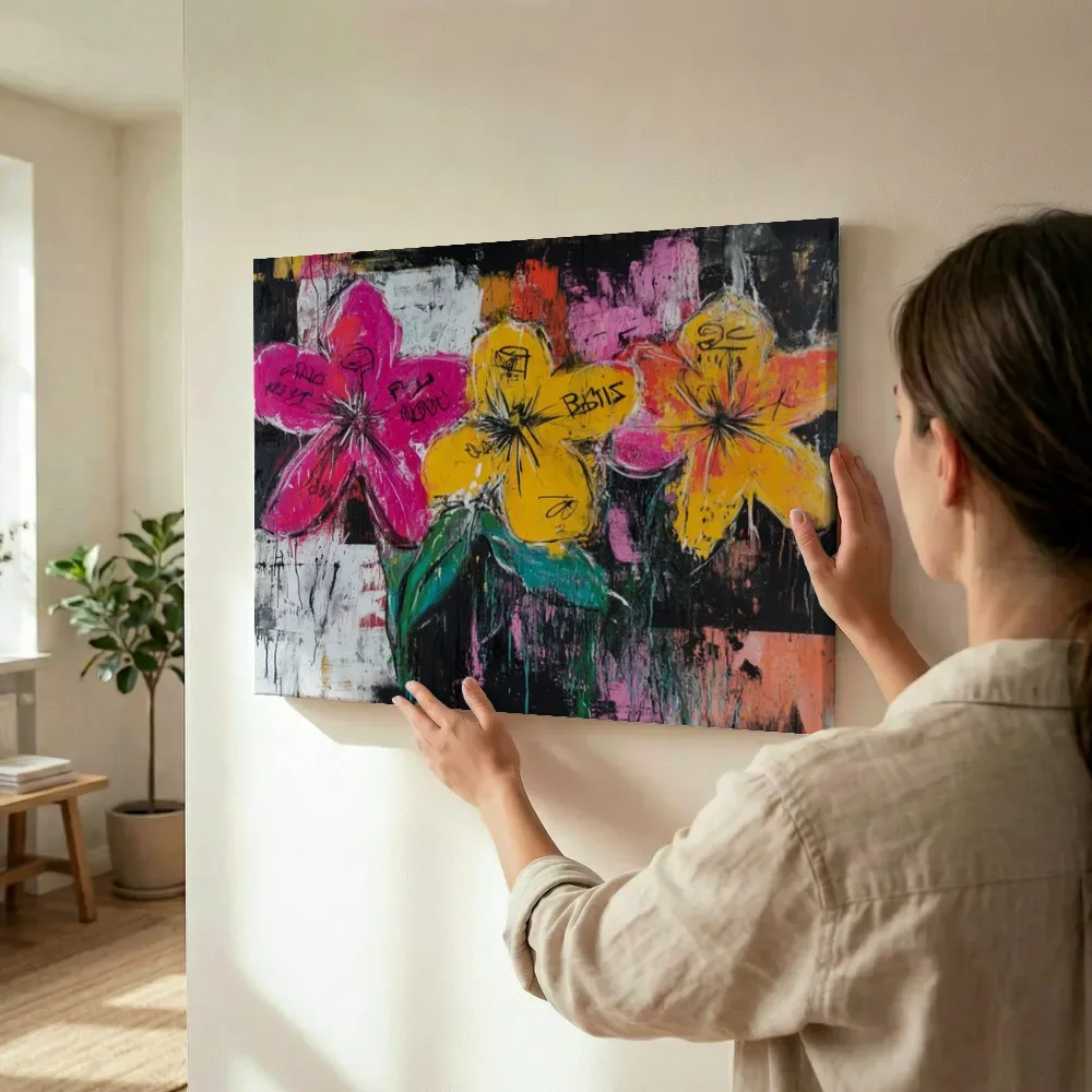 Sfeerimpressie: Drie graffiti bloemen op zwart terwijl het wordt opgehangen