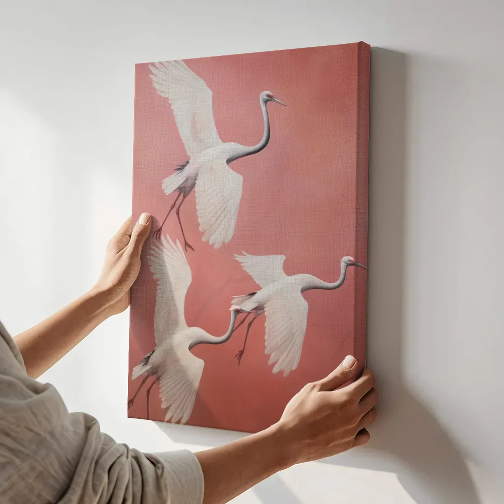 Sfeerimpressie: Drie kraanvogels terwijl het aan de muur wordt gehangen