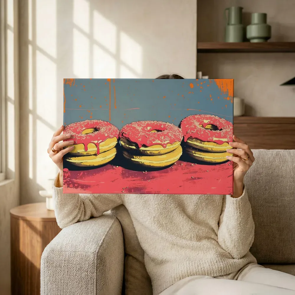 Sfeerimpressie: Drie pop-art donuts terwijl het omhoog wordt gehouden