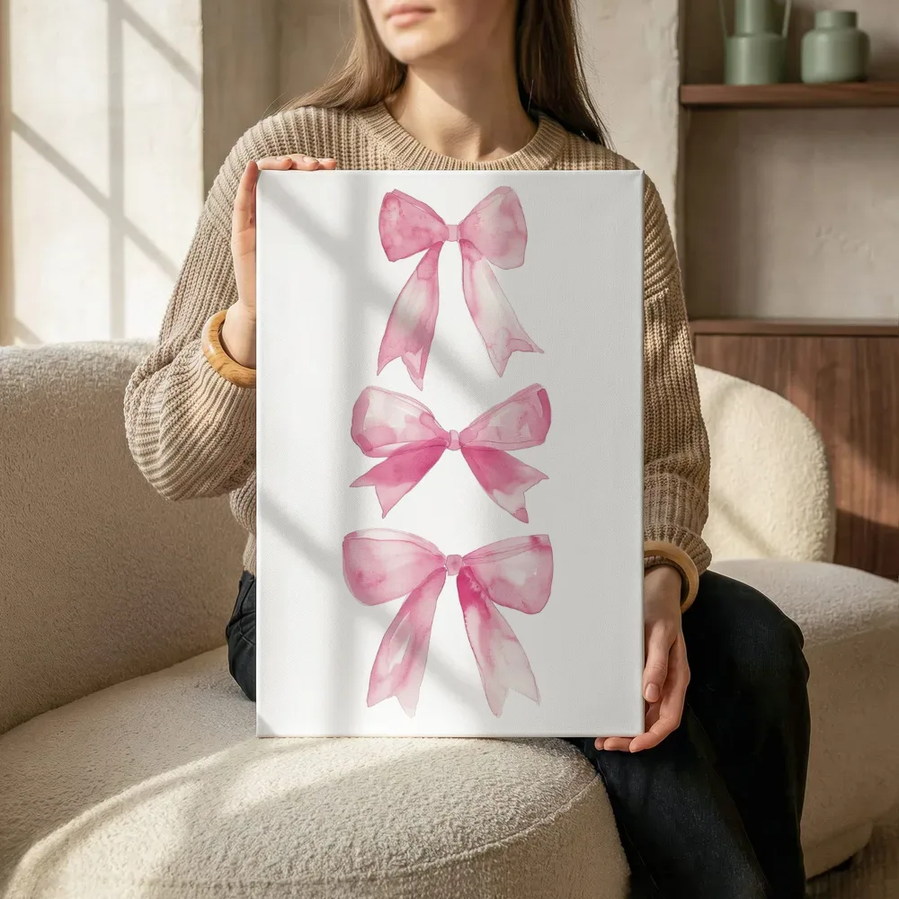 Sfeerimpressie: Drie roze aquarel strikken terwijl het zittend wordt getoond