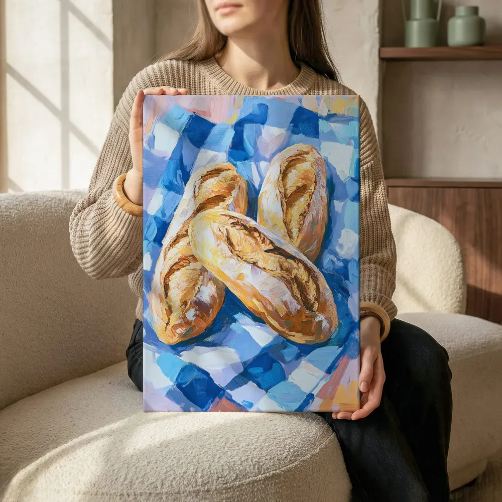 Sfeerimpressie: Drie stokbroden op blauw geruit doek terwijl het aan de muur wordt gehangen