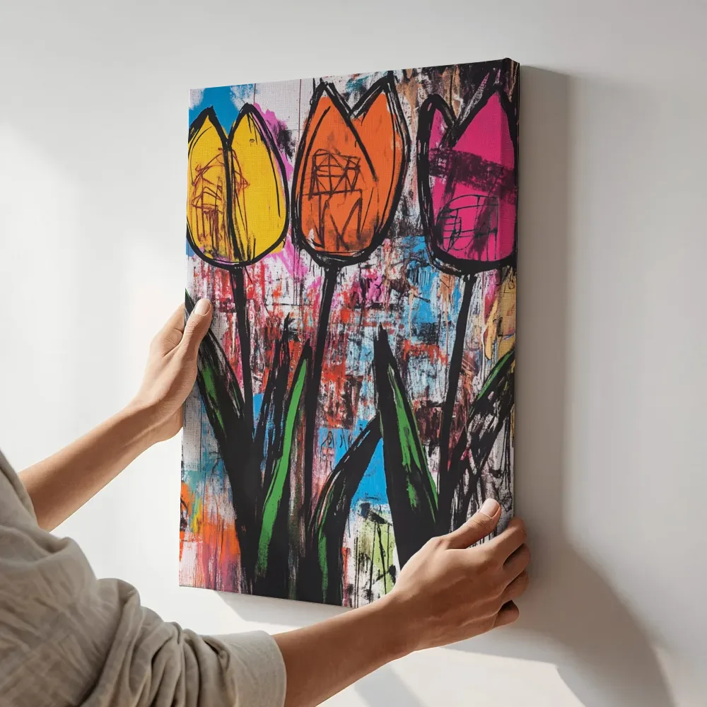Sfeerimpressie: Drie tulpen in graffiti-stijl terwijl het aan de muur wordt gehangen