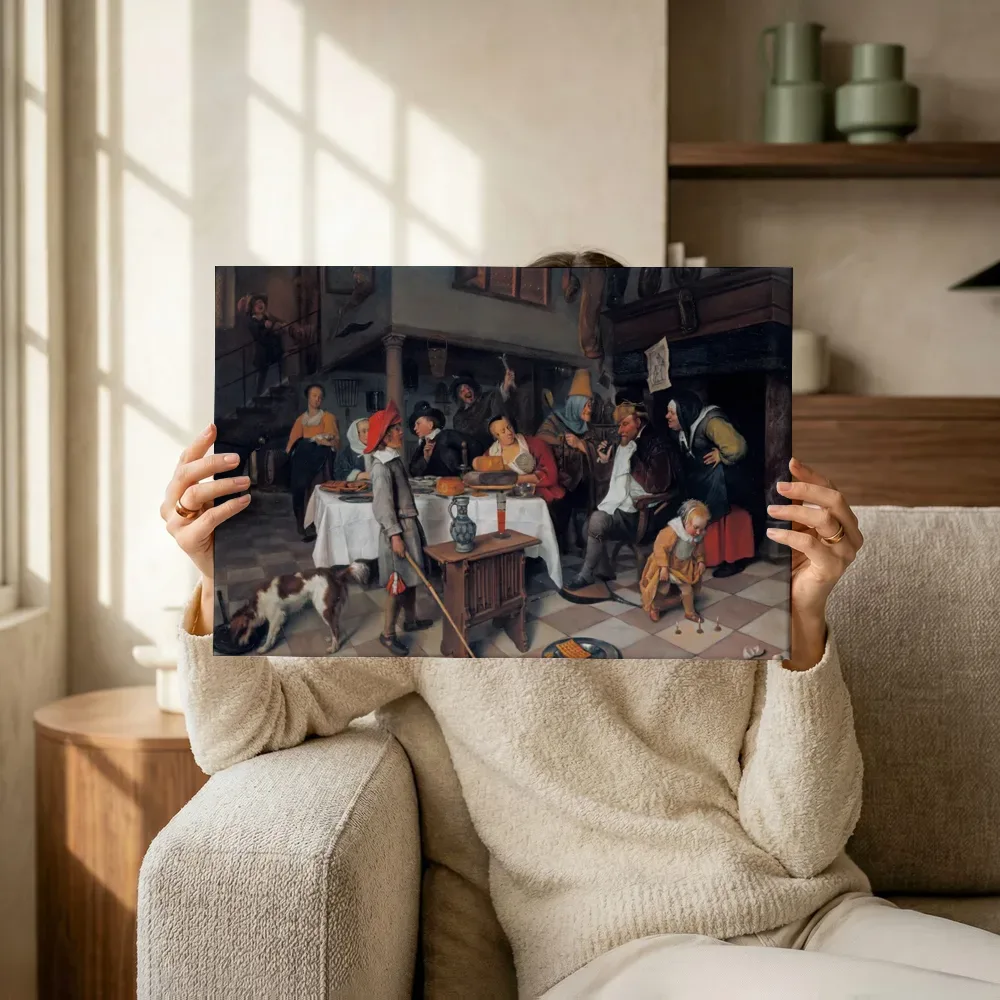 Sfeerimpressie: Driekoningenfeest: 'de koning drinkt' van Jan Steen terwijl het omhoog wordt gehouden