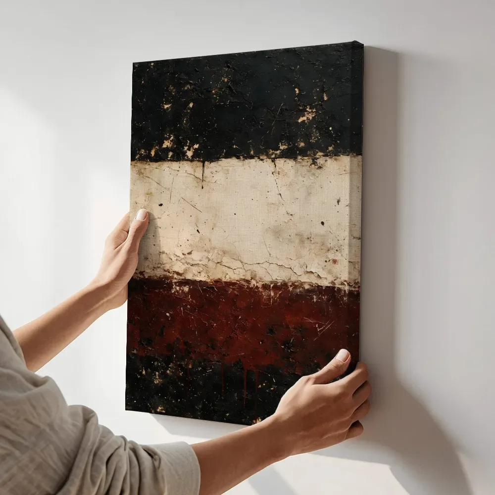 Sfeerimpressie: Drievoudige Horizon Meswerk in Kersenkola terwijl het aan de muur wordt gehangen