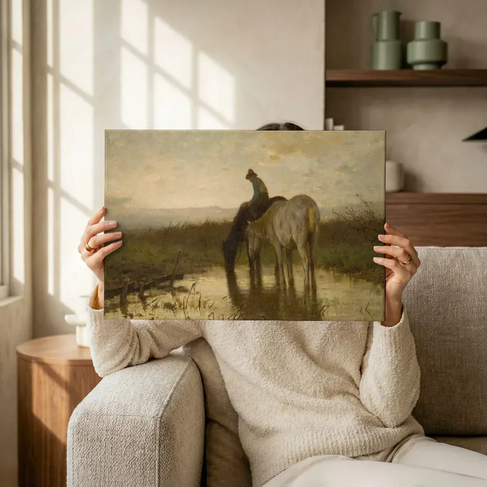 Sfeerimpressie: Drinkende paarden van Anton Mauve terwijl het omhoog wordt gehouden