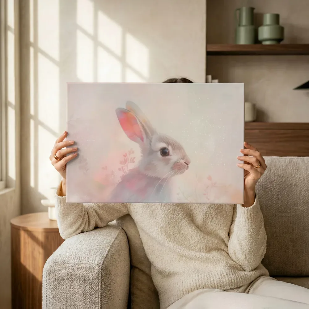 Sfeerimpressie: Dromerig konijntje in pastel terwijl het omhoog wordt gehouden