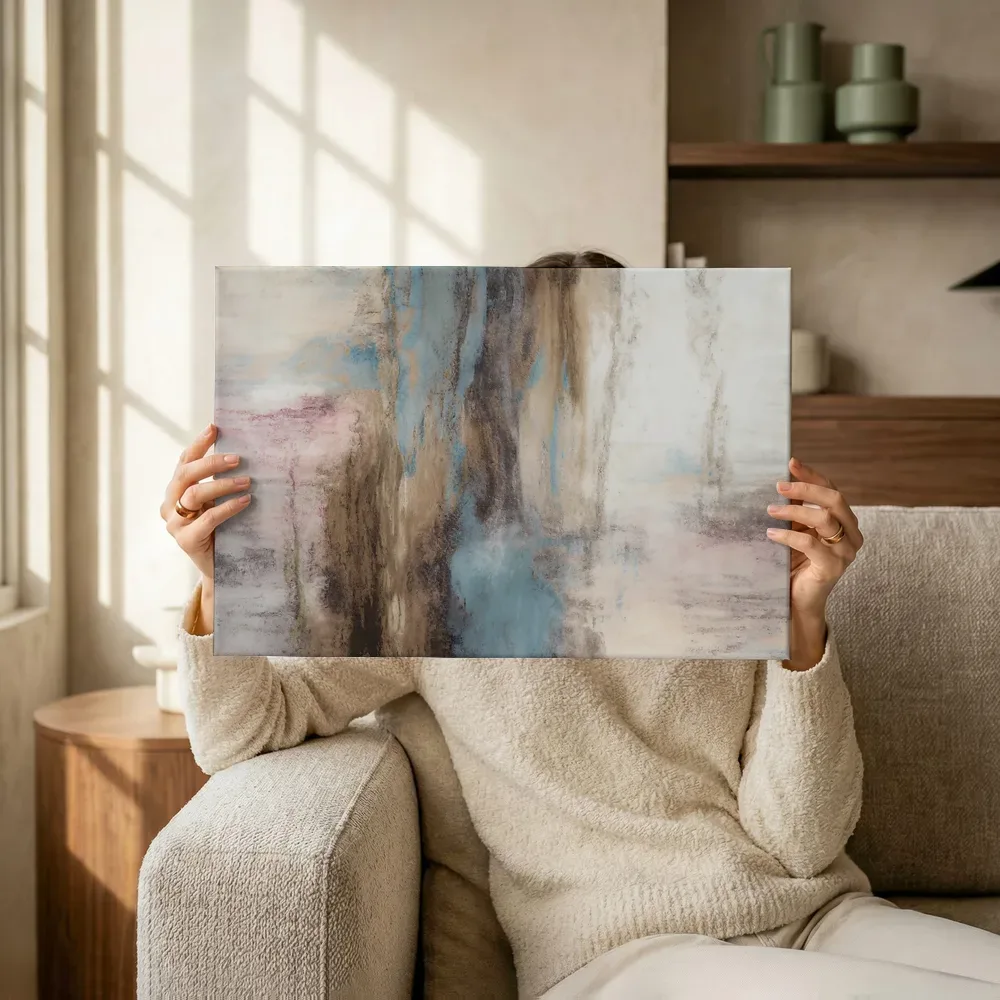 Sfeerimpressie: Dromerig pastel abstract in blauw en terracotta terwijl het omhoog wordt gehouden