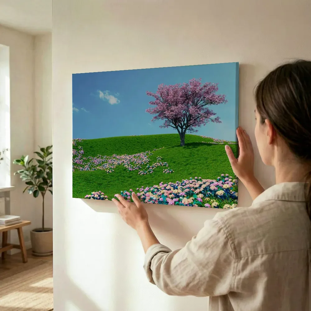Sfeerimpressie: Dromerige heuvel met bloesemboom terwijl het wordt opgehangen