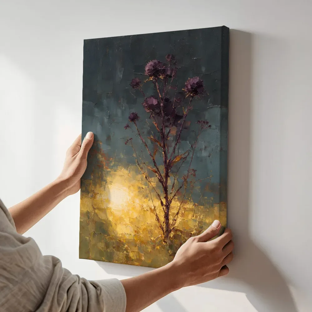 Sfeerimpressie: Droogbloem in aubergine terwijl het aan de muur wordt gehangen