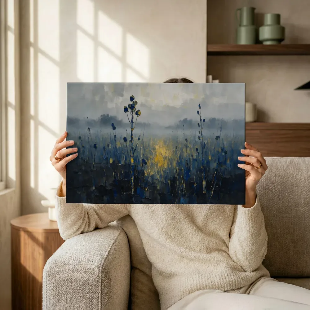 Sfeerimpressie: Droogbloem in de weide in blauwgeel terwijl het omhoog wordt gehouden