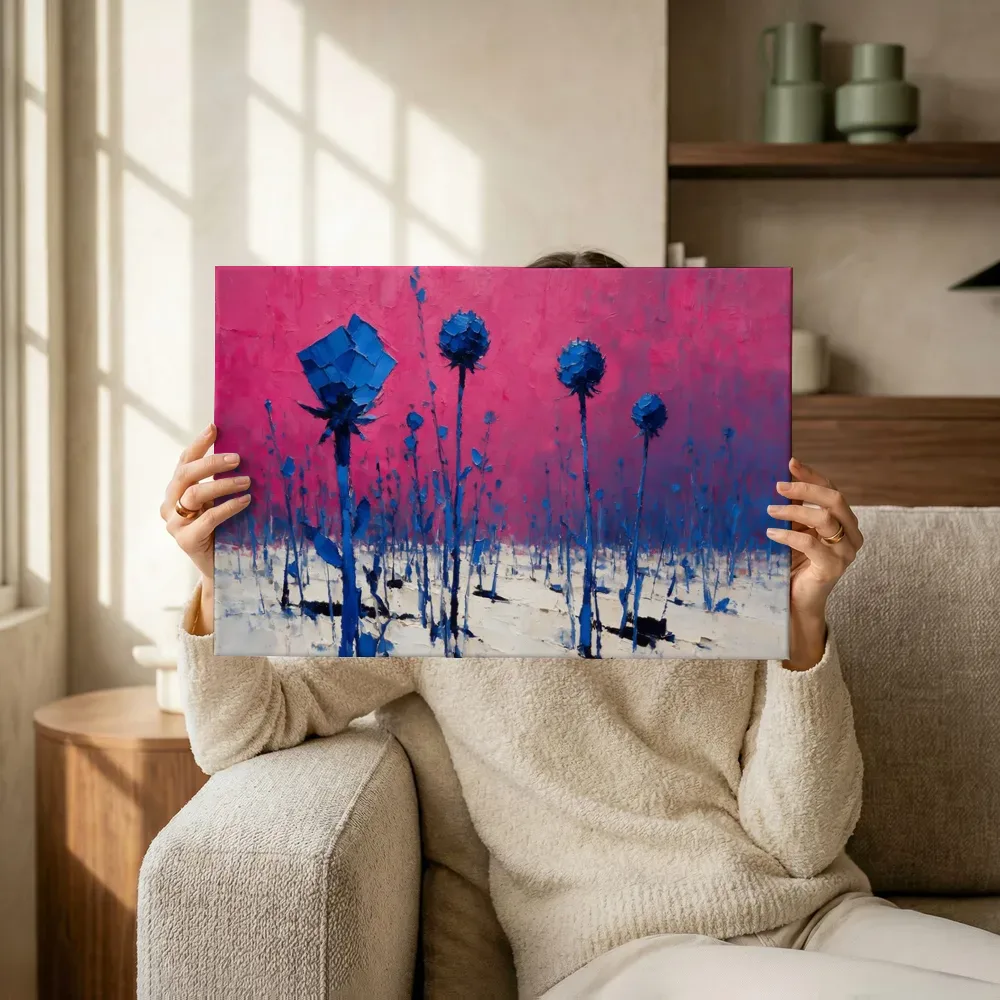 Sfeerimpressie: Droogbloem in het landschap in kobaltmagenta terwijl het omhoog wordt gehouden