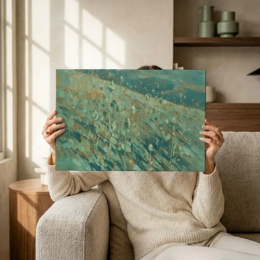 Sfeerimpressie: Droogbloem op de helling in zeegroen terwijl het omhoog wordt gehouden