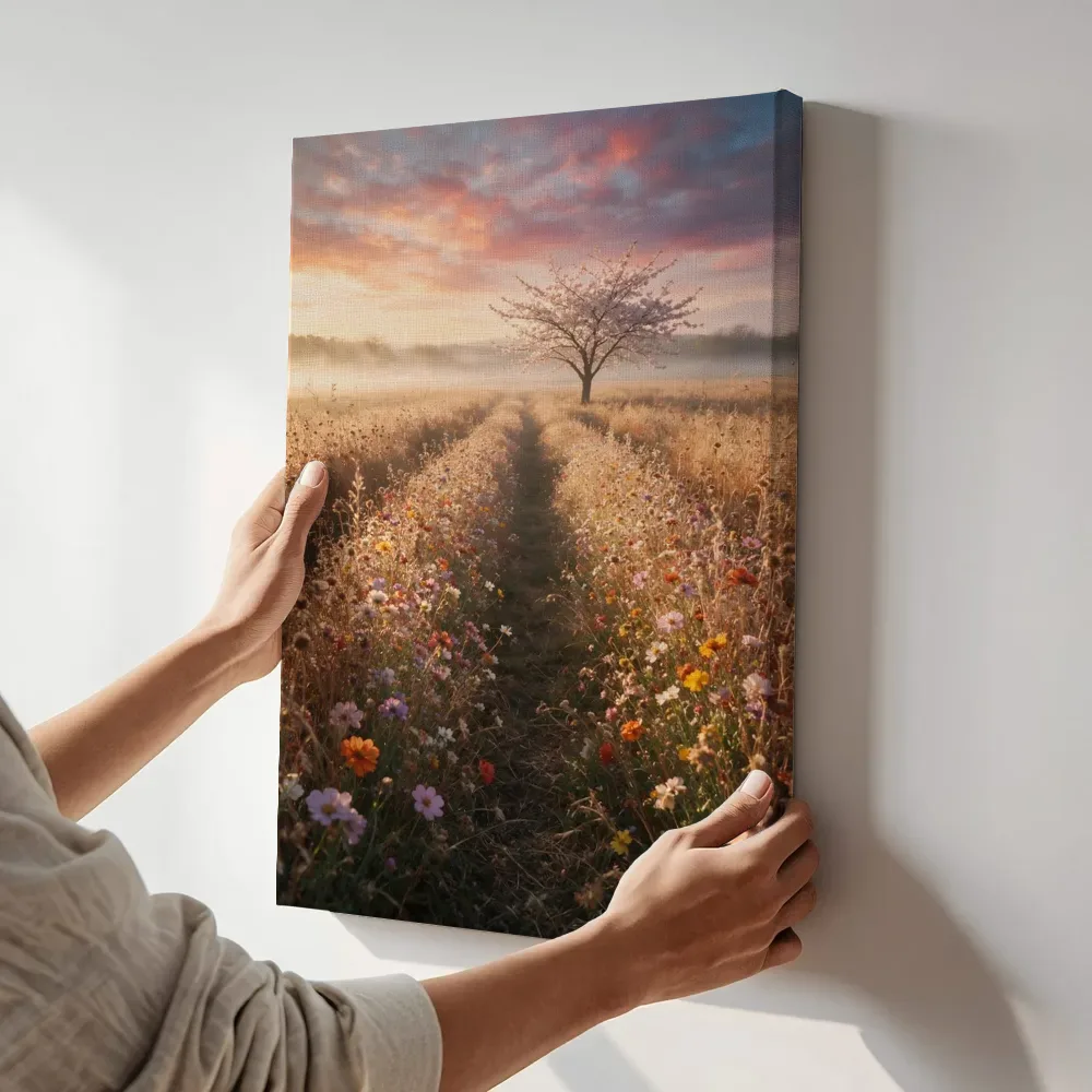 Sfeerimpressie: Droogbloemen bij de ochtendmist 6 terwijl het aan de muur wordt gehangen