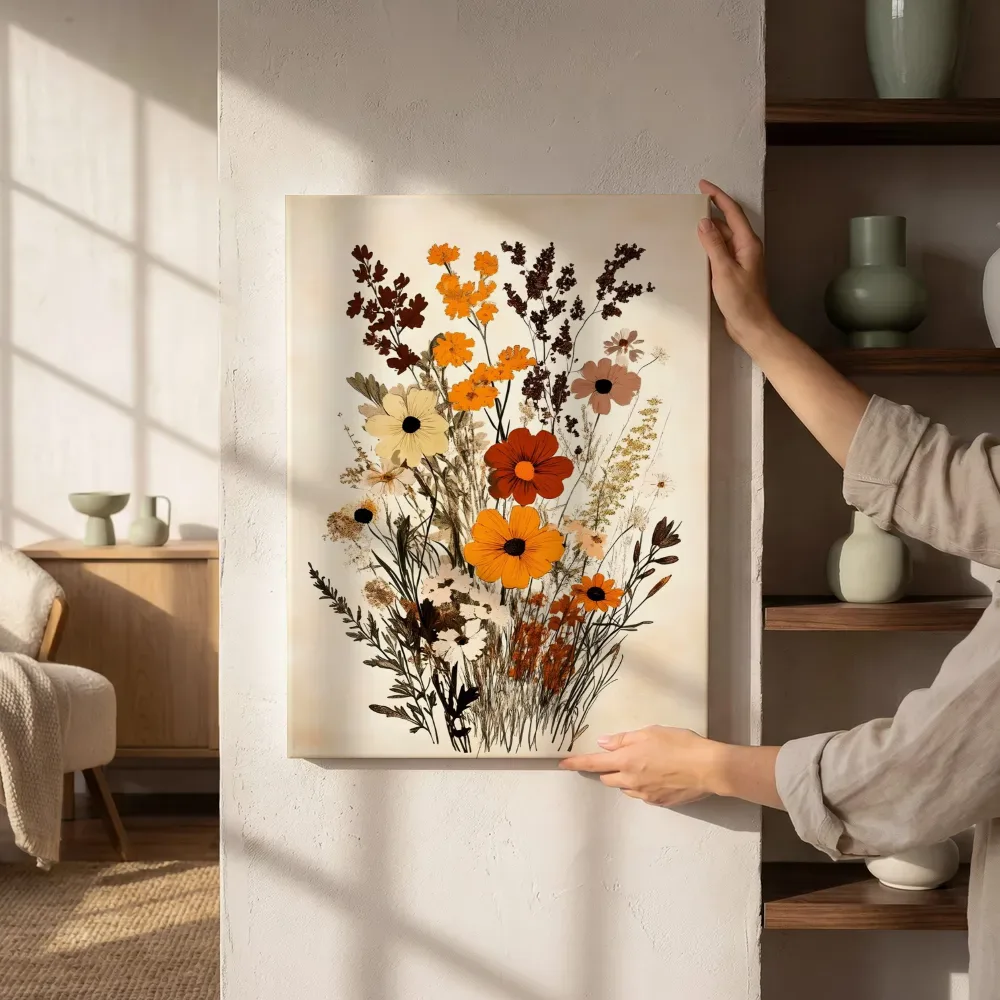 Sfeerimpressie: Droogbloemen boeket in sepia naast de kast