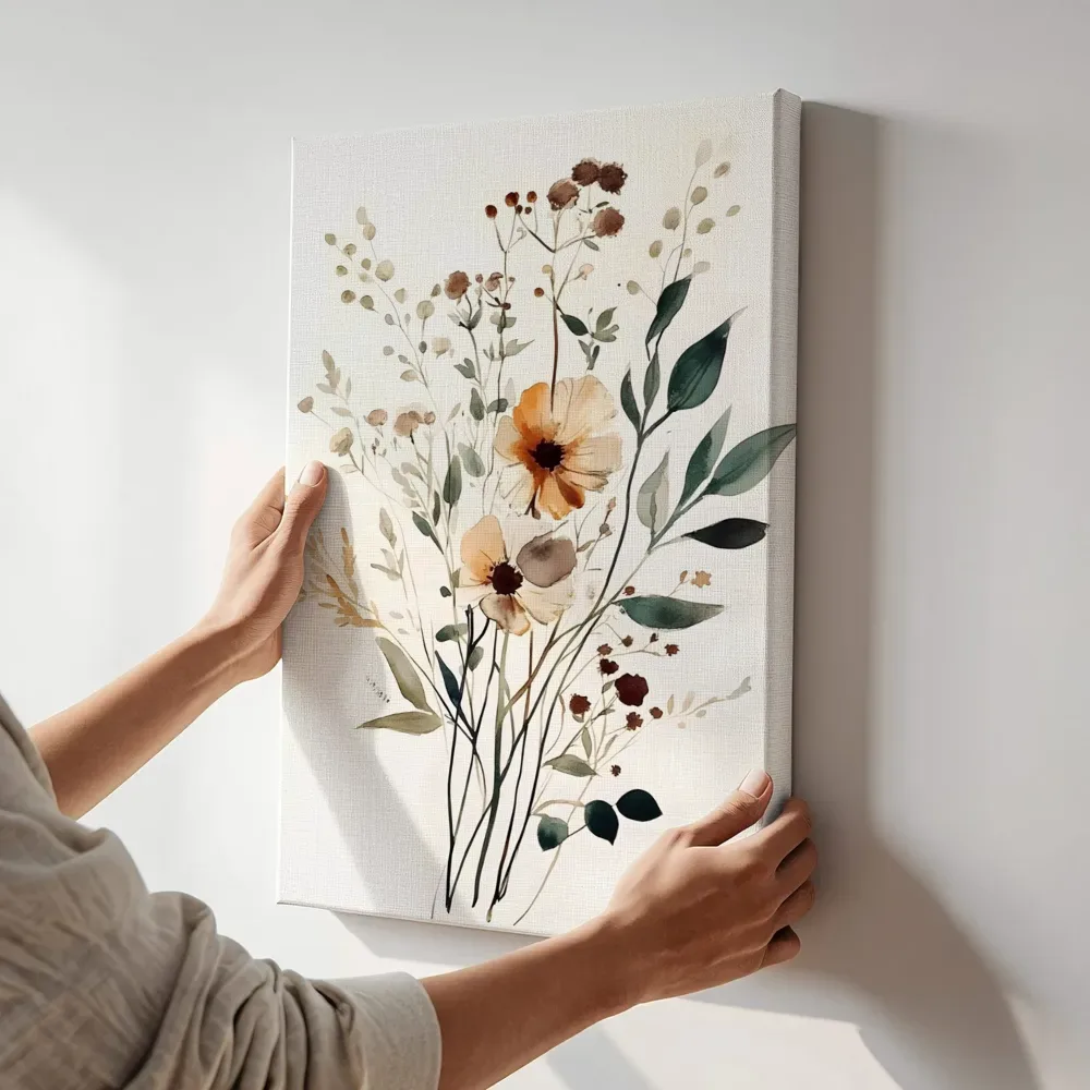 Sfeerimpressie: Droogbloemen boeket in warme tinten terwijl het aan de muur wordt gehangen