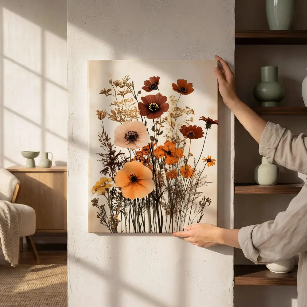 Sfeerimpressie: Droogbloemen boeket op beige achtergrond naast de kast