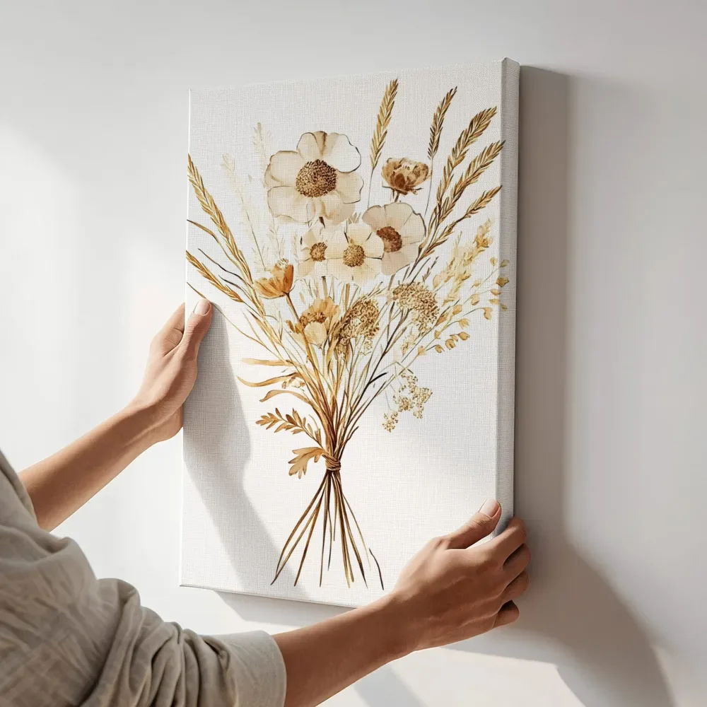 Sfeerimpressie: Droogbloemen korenboeket terwijl het aan de muur wordt gehangen