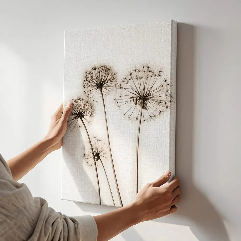 Sfeerimpressie: Droogbloemen silhouet terwijl het aan de muur wordt gehangen
