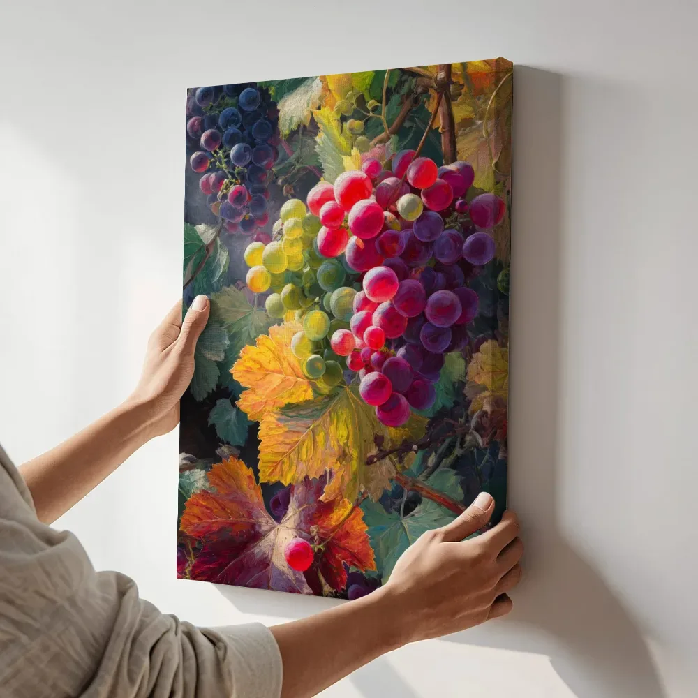 Sfeerimpressie: Druiventros close-up in paars en groen terwijl het aan de muur wordt gehangen