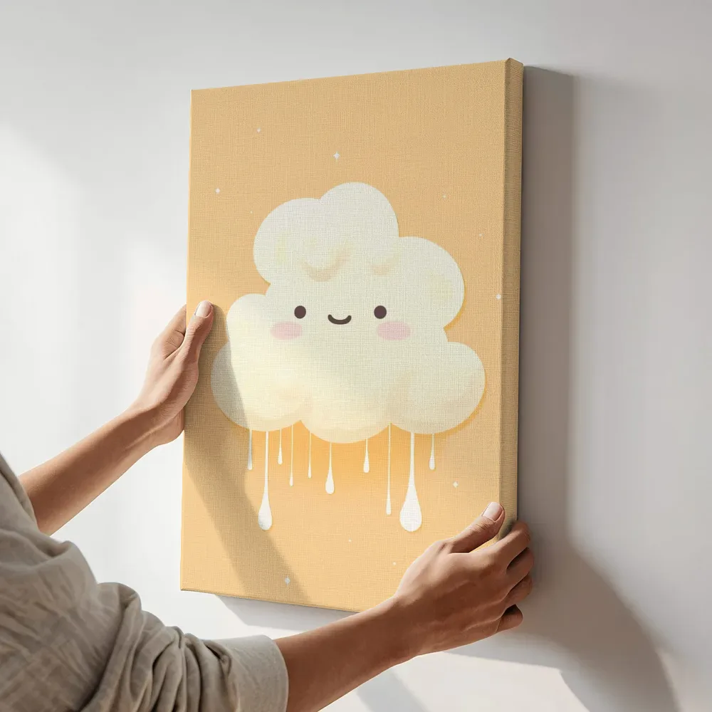 Sfeerimpressie: Druppelend wolkje terwijl het aan de muur wordt gehangen