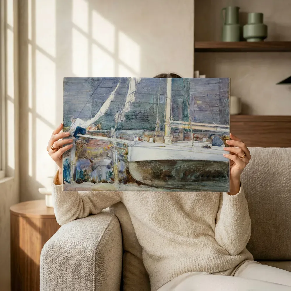 Sfeerimpressie: Drydock, Gloucester van Childe Hassam terwijl het omhoog wordt gehouden
