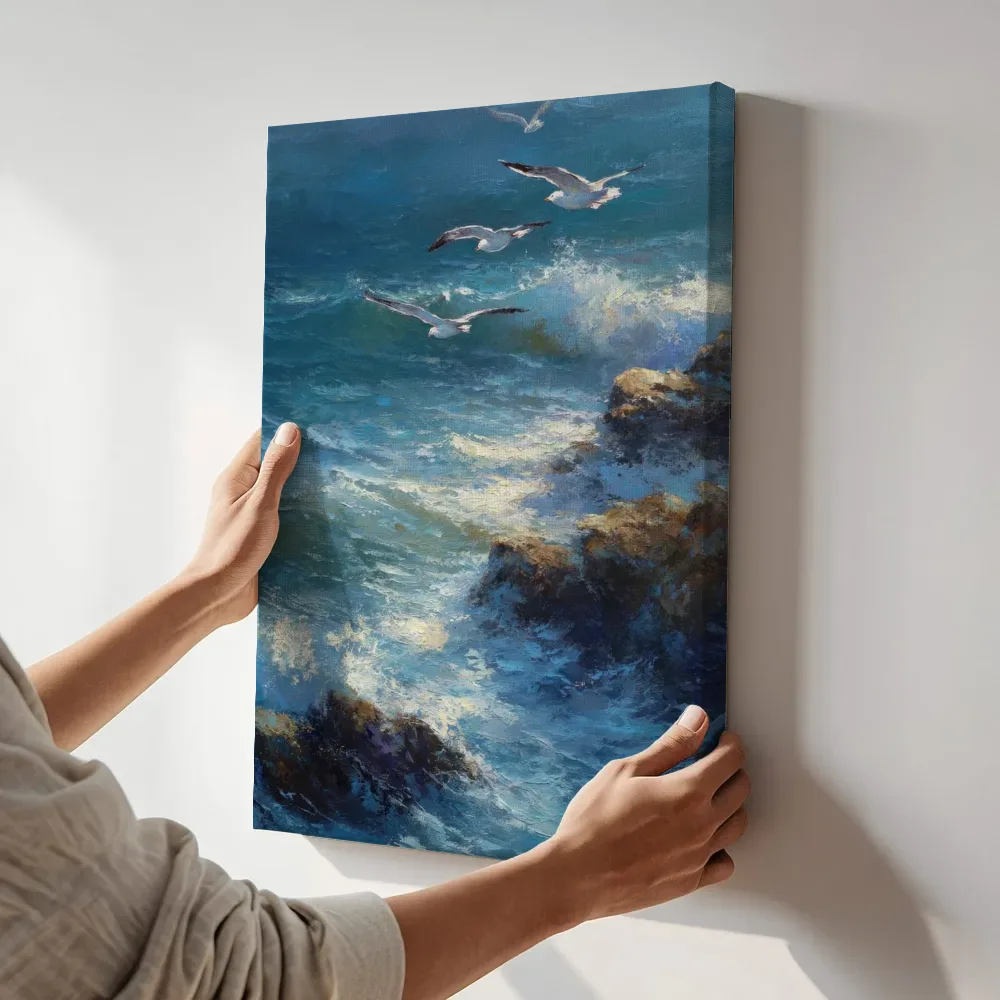 Sfeerimpressie: Duikende meeuwen boven de kust terwijl het aan de muur wordt gehangen