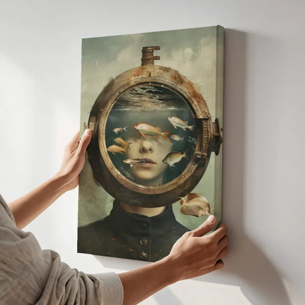Sfeerimpressie: Duikhelm portret in zwarte jas terwijl het aan de muur wordt gehangen