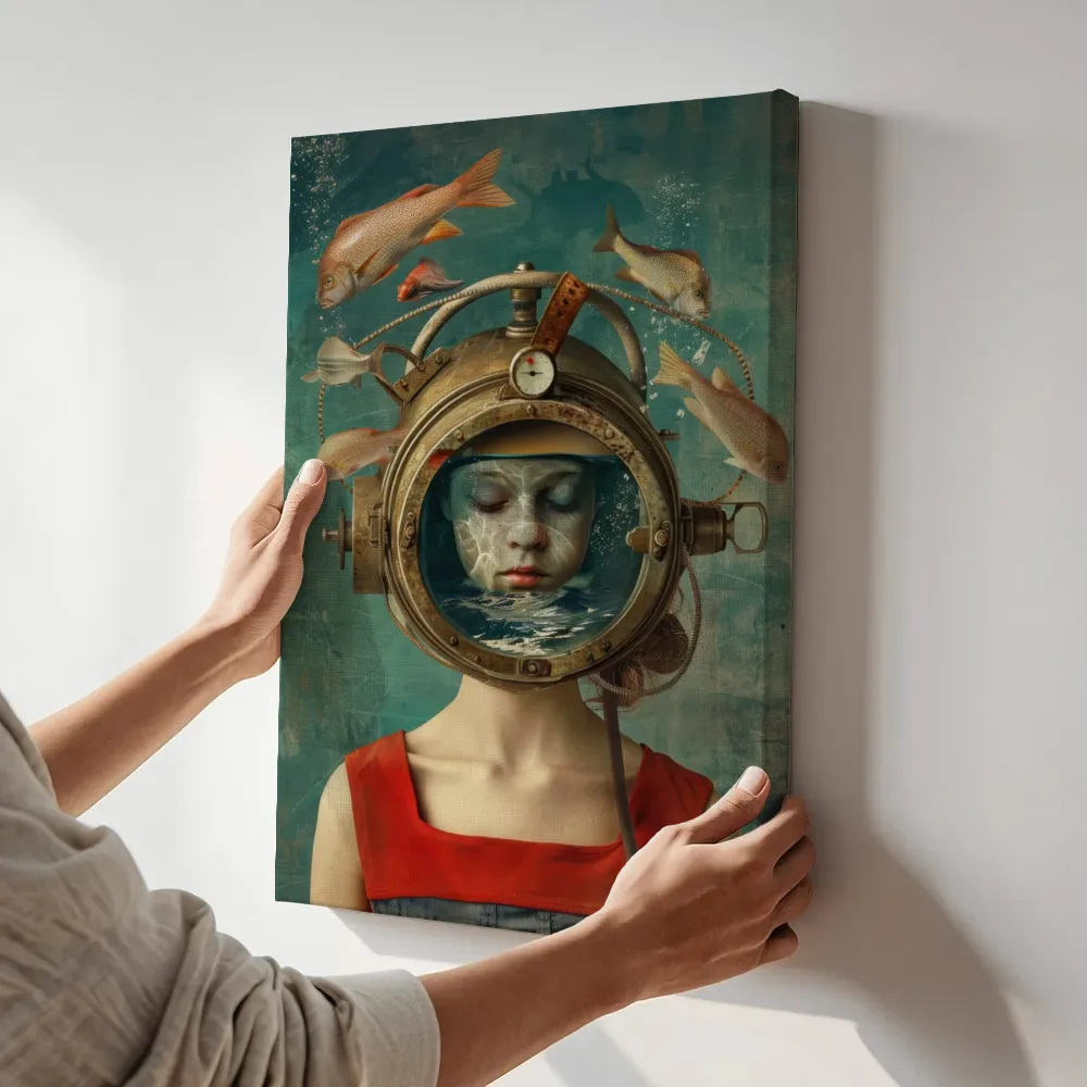 Sfeerimpressie: Duikhelm vrouw met gesloten ogen terwijl het aan de muur wordt gehangen