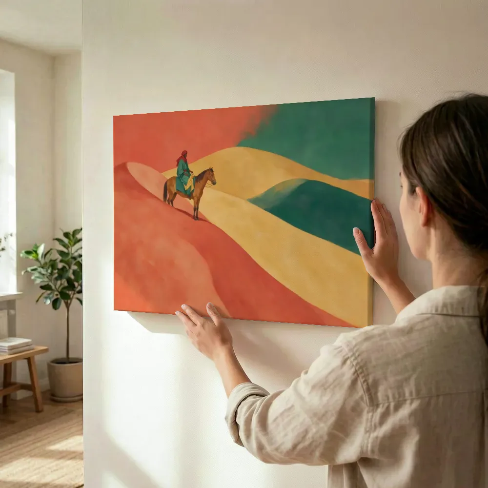 Sfeerimpressie: Duin in koraalrood en zeegroen terwijl het wordt opgehangen