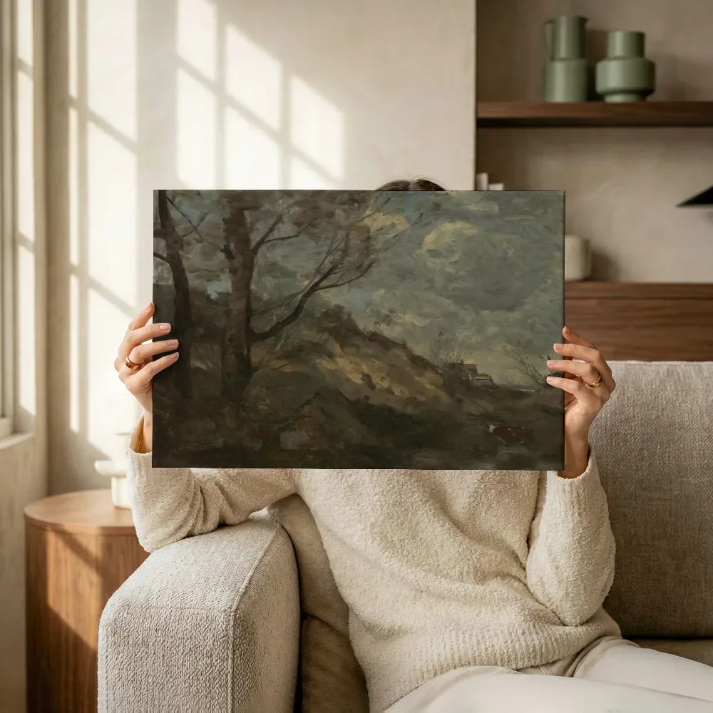 Sfeerimpressie: Duinlandschap van Jean-Baptiste-Camille Corot terwijl het omhoog wordt gehouden