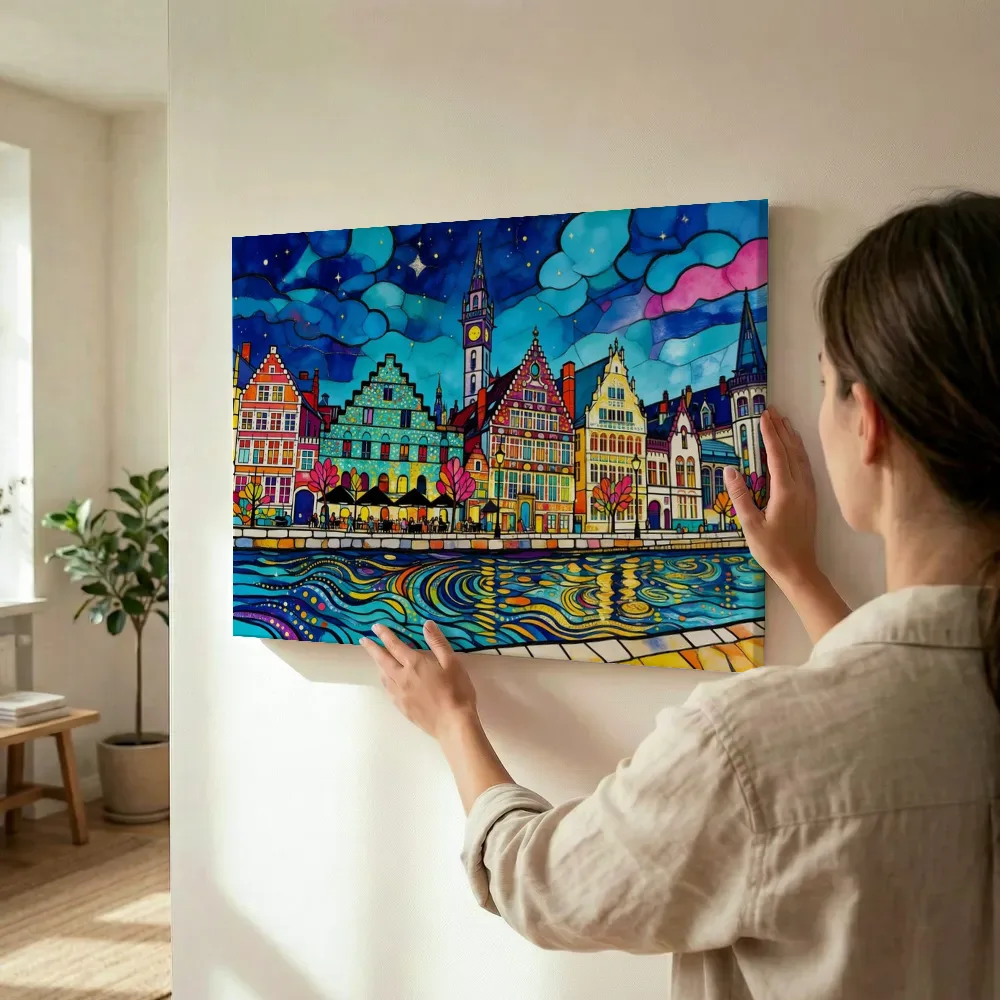 Sfeerimpressie: Durbuy, Ourthe in bonte kleuren terwijl het wordt opgehangen