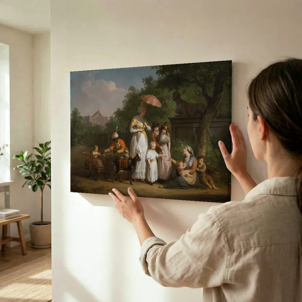 Sfeerimpressie: Een adellijke familie deelt aalmoezen uit in een park van Mattheus Ignatius van Bree terwijl het wordt opgehangen
