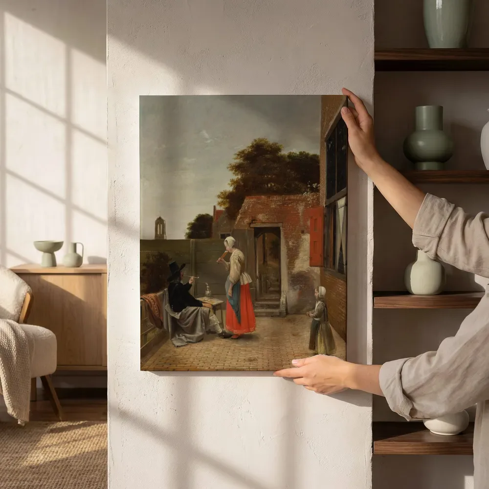 Sfeerimpressie: Een binnenplaats met figuren van Pieter de Hooch naast de kast