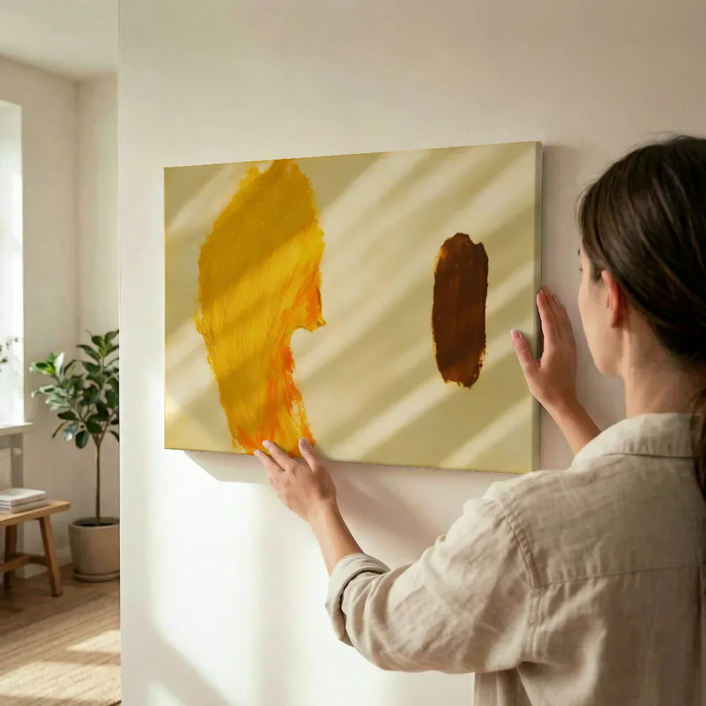 Sfeerimpressie: Eén gebaar in twee massa's in zonnig geel terwijl het wordt opgehangen