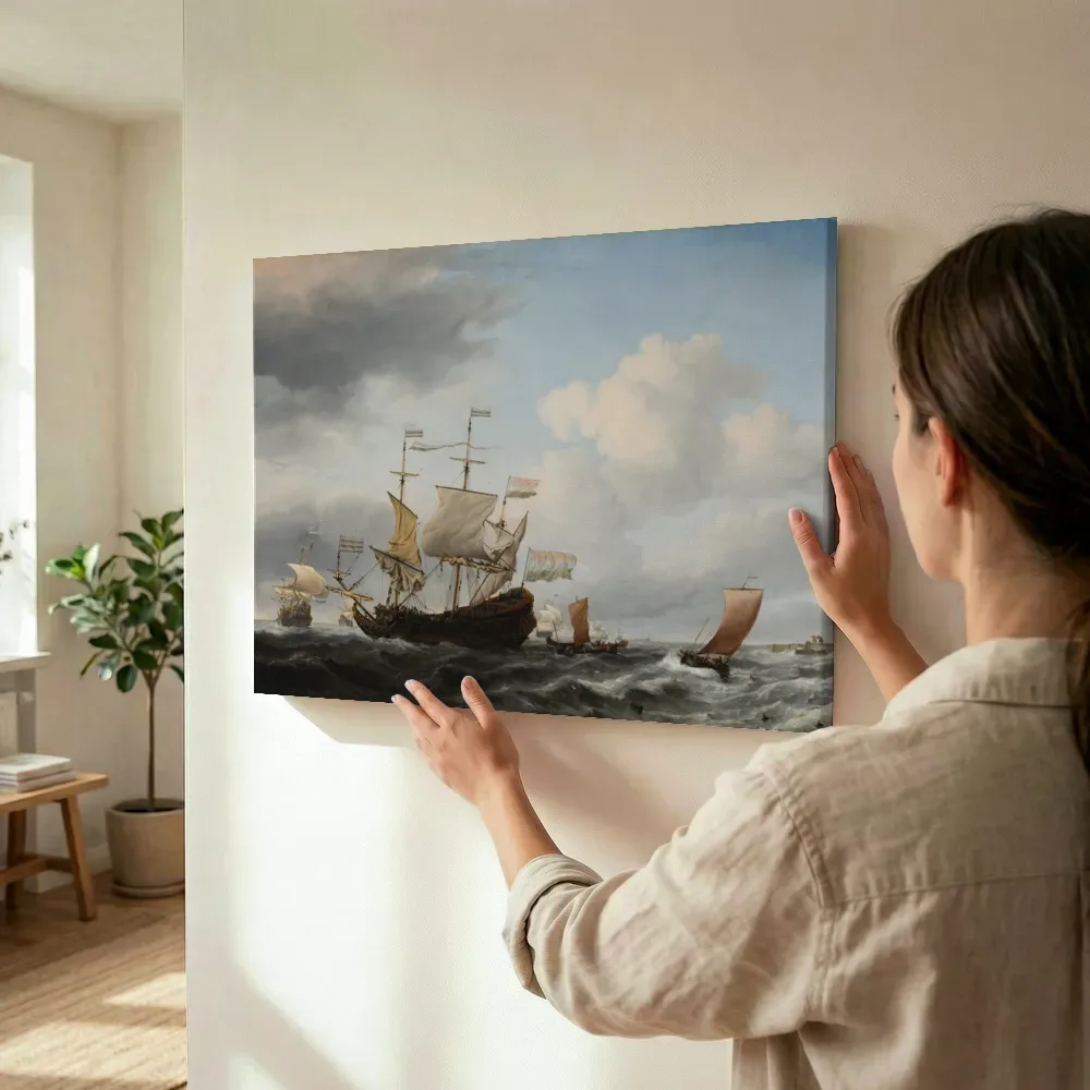 Sfeerimpressie: Een Hollands vlaggenschip gaat voor anker van Willem van de Velde the Younger terwijl het wordt opgehangen