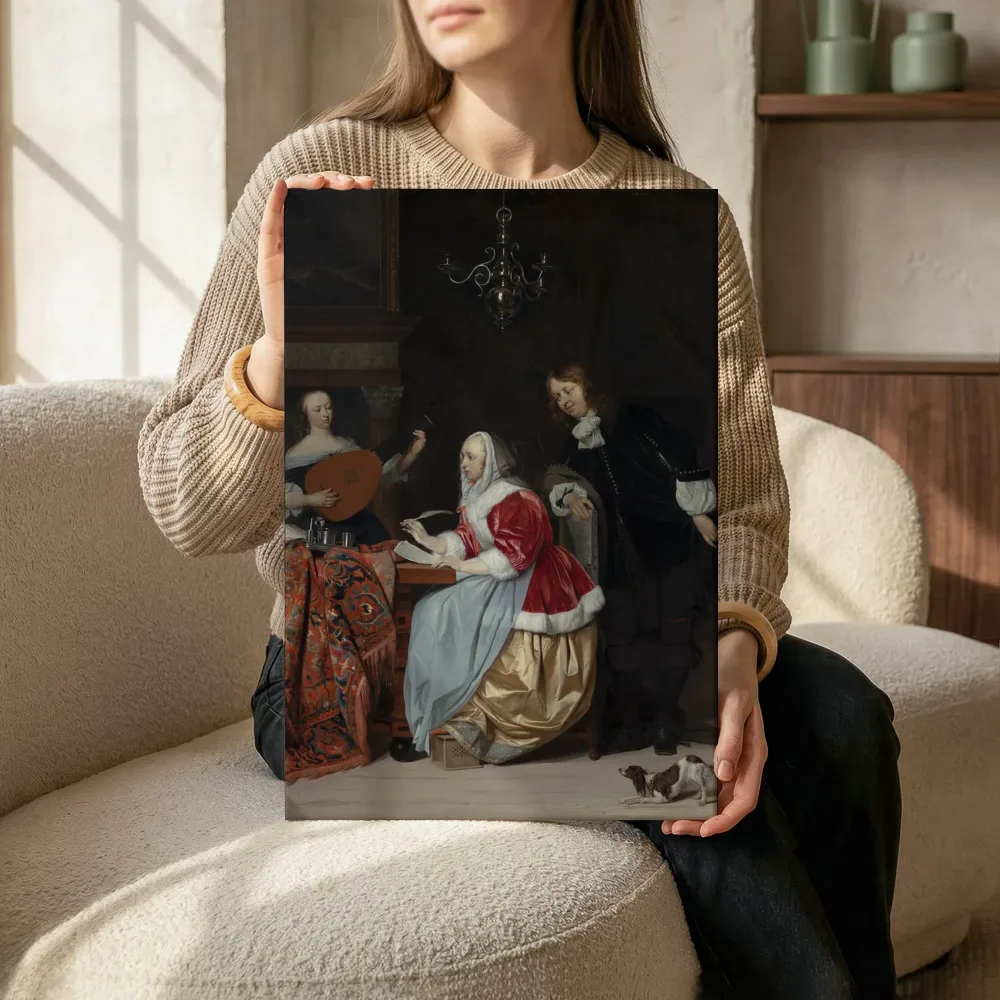 Sfeerimpressie: Een jonge vrouw die muziek schrijft van Gabriel Metsu terwijl het zittend wordt getoond