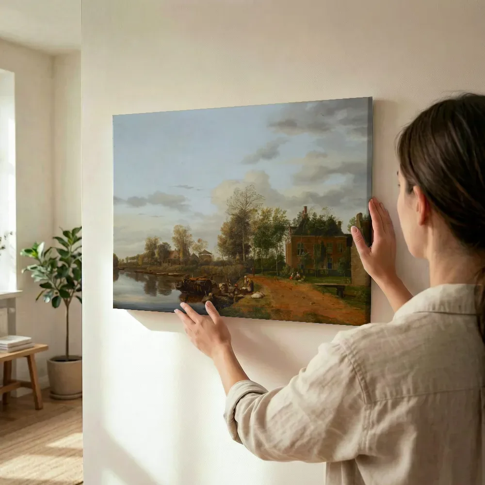 Sfeerimpressie: Een landhuis aan de Vliet bij Delft; op de achtergrond een zandtransport van Jan van der Heyden terwijl het wordt opgehangen