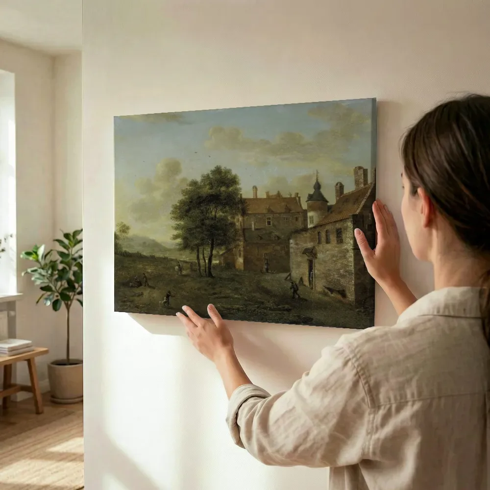 Sfeerimpressie: Een landhuis van Jan van der Heyden terwijl het wordt opgehangen
