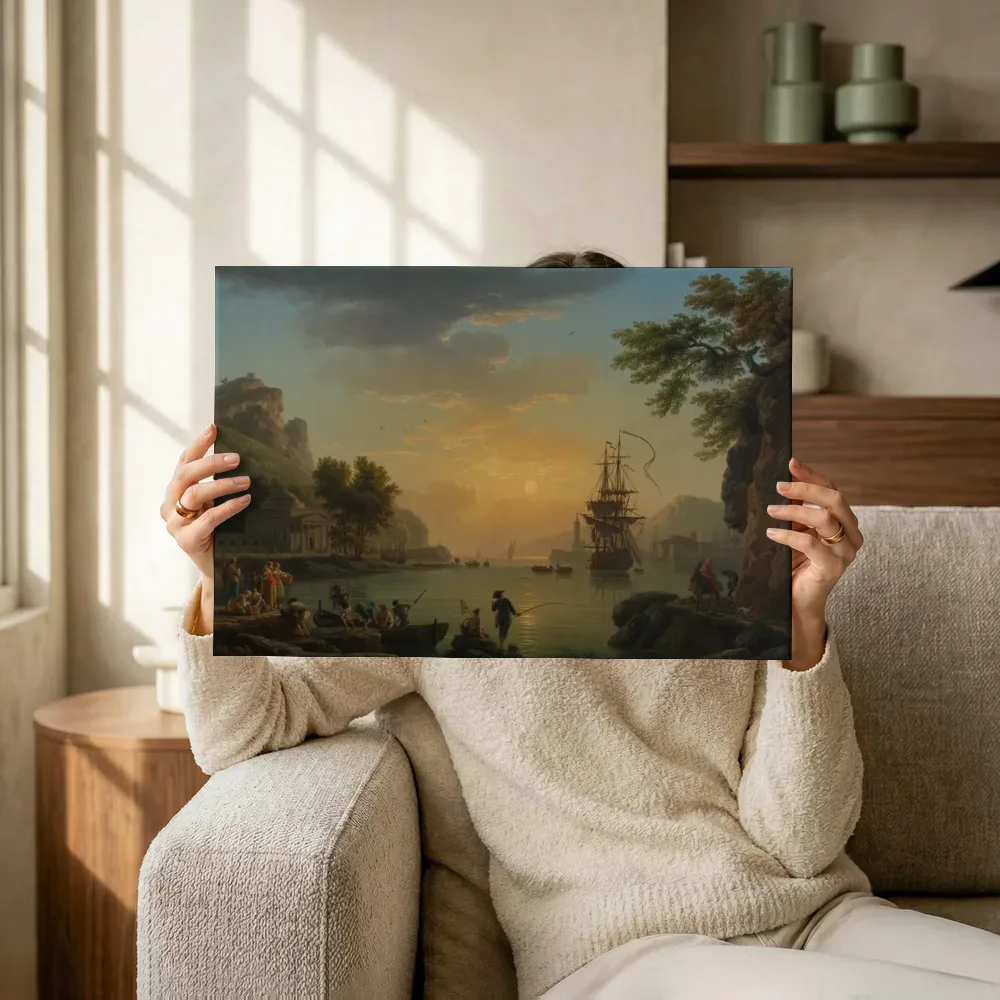 Sfeerimpressie: Een landschap bij zonsondergang van Joseph Vernet terwijl het omhoog wordt gehouden