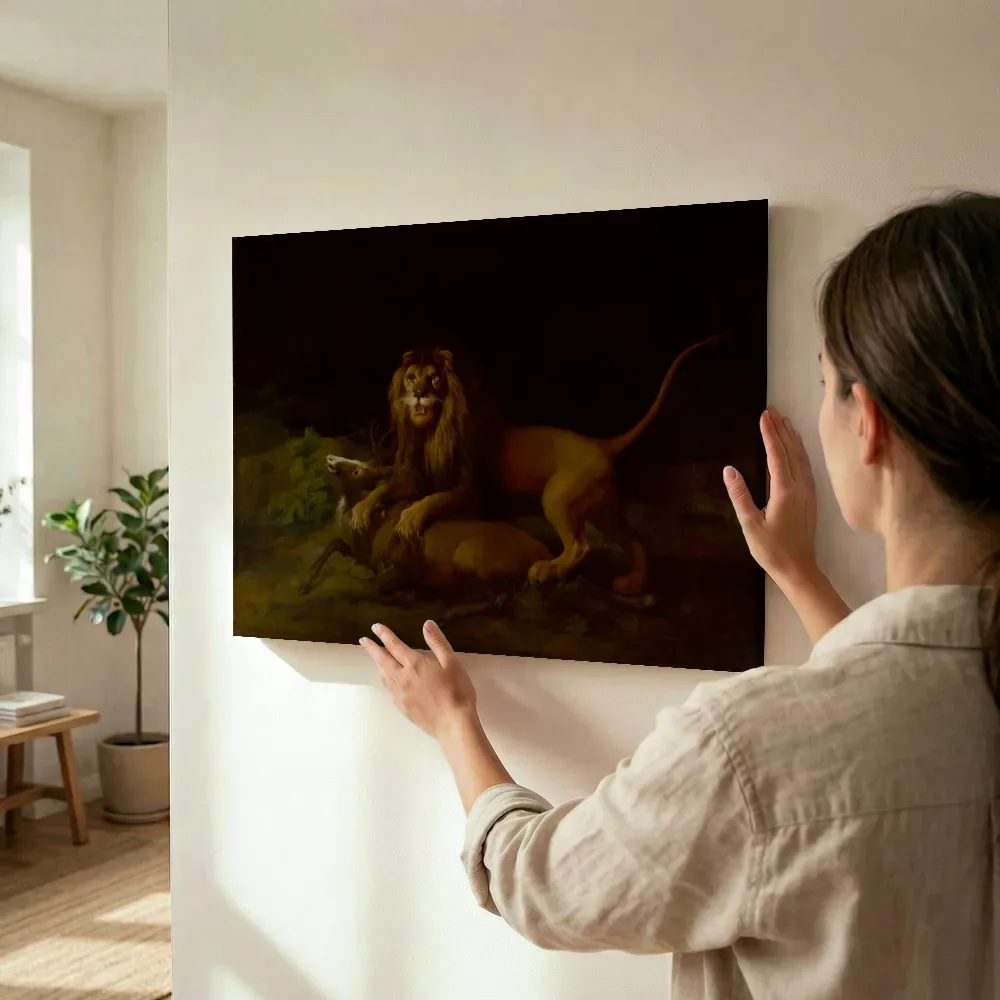 Sfeerimpressie: Een leeuw die een hert aanvalt van George Stubbs terwijl het wordt opgehangen