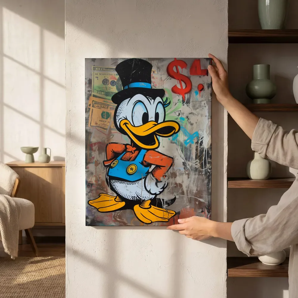 Sfeerimpressie: Eend met graffiti dollarteken naast de kast