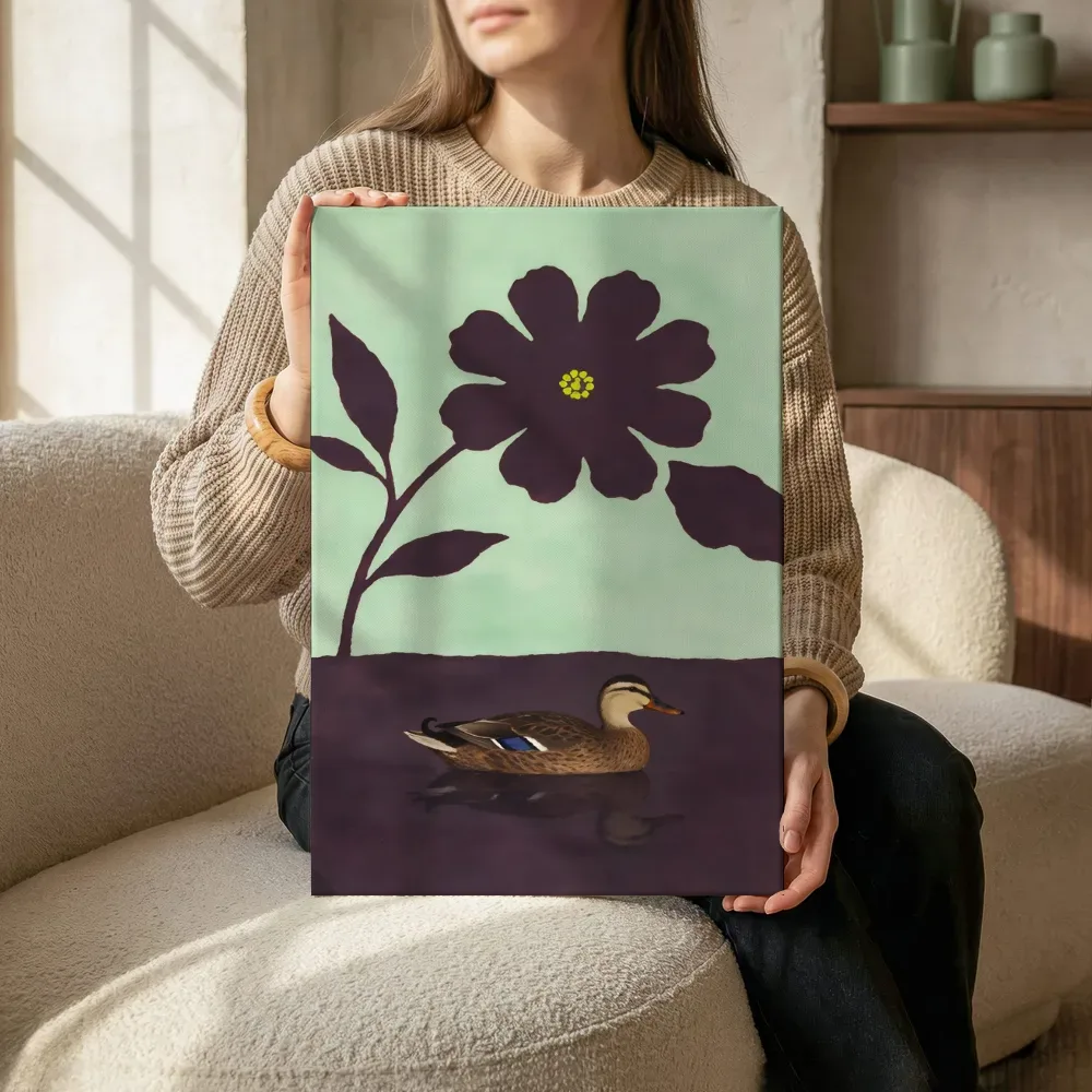 Sfeerimpressie: Eend in aubergine en mint terwijl het zittend wordt getoond
